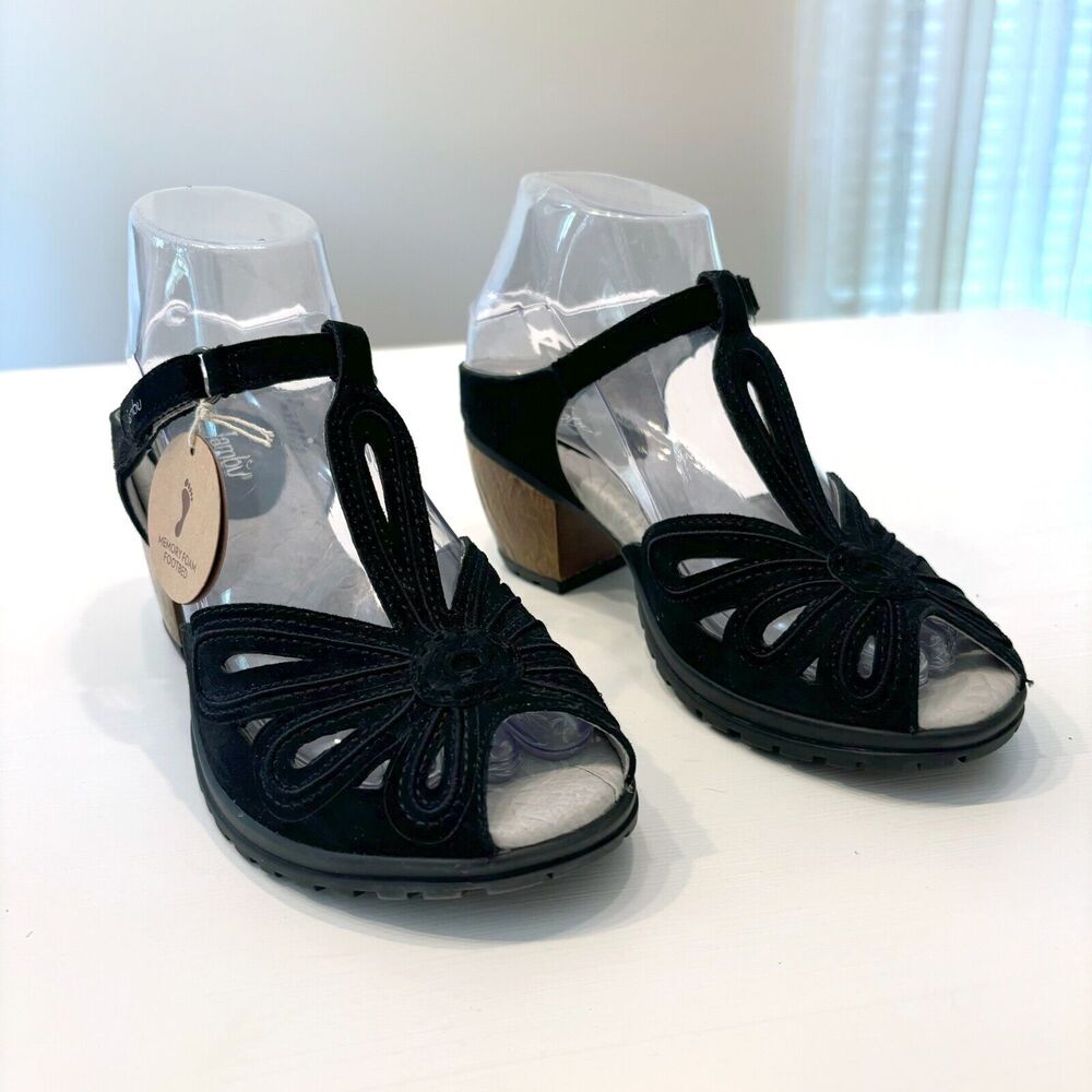 NEW Jambu Sahara Peep Toe Black Suede Leather Wooden Heels Sandals‎ US Size 6 M